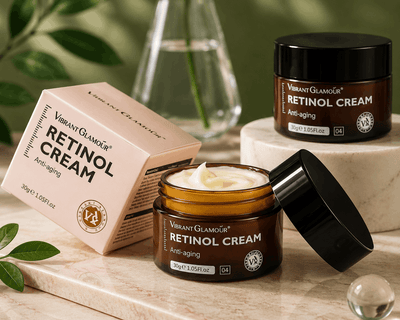 Retinol cream jars and packaging on a wooden surface with greenery in the background