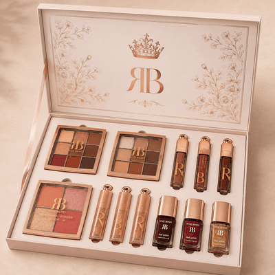 Rose Berry luxury makeup gift set showing multicolor cosmetics in a hinged gift case with gold detailing
