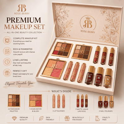 Rose Berry premium makeup set with various cosmetic products on a light background