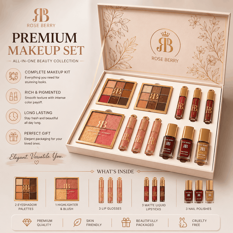 Rose Berry premium makeup set with various cosmetic products on a light background