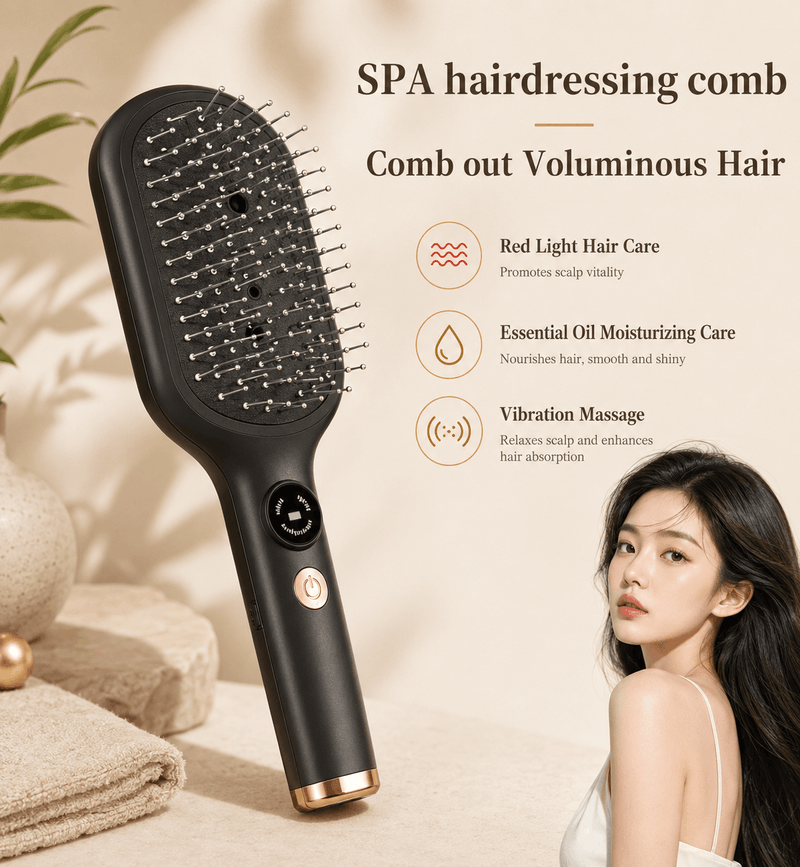 SPA hairdressing comb with text on a neutral background