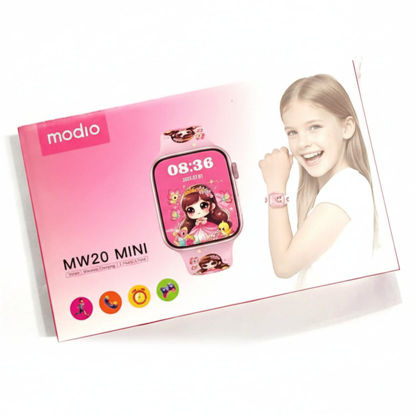 Pink smartwatch packaging with a child model and 'modio' branding on a white background at Aezoon