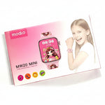 Pink smartwatch packaging with a child model and 'modio' branding on a white background at Aezoon