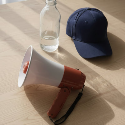 Megaphone, water bottle, and cap on a wooden surface