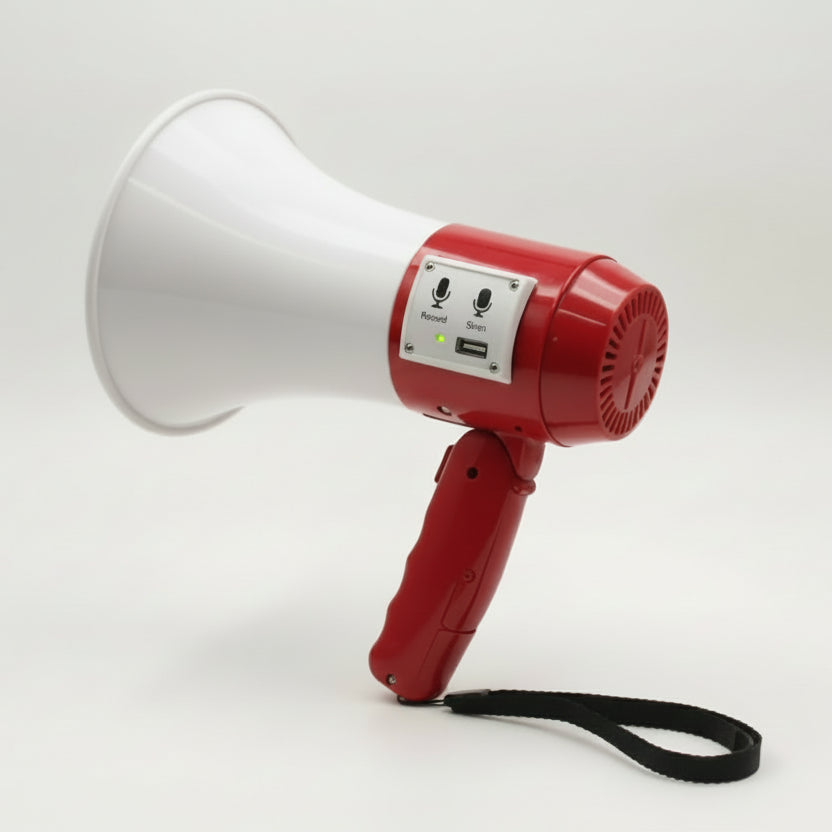 Red megaphone with a white background