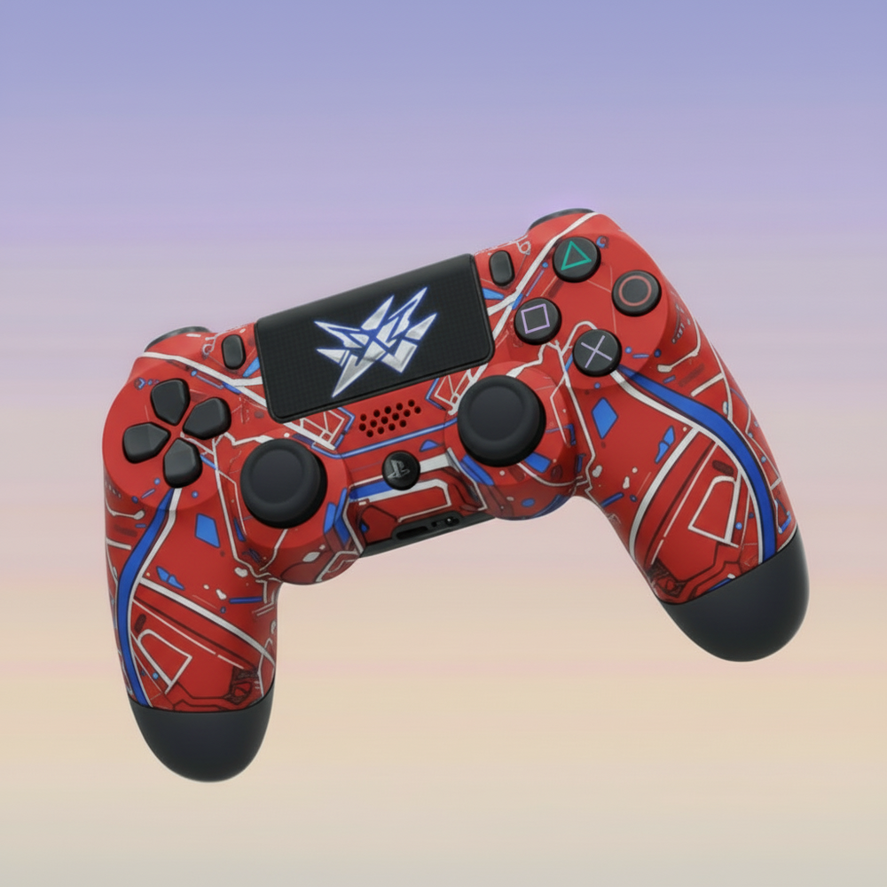 Gaming controller with blue and black design on a gradient background