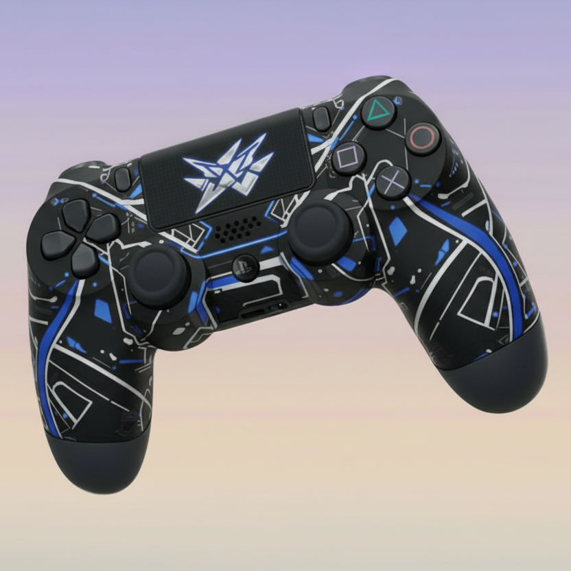 Black gaming controller with blue accents on a gradient background at Aezoon
