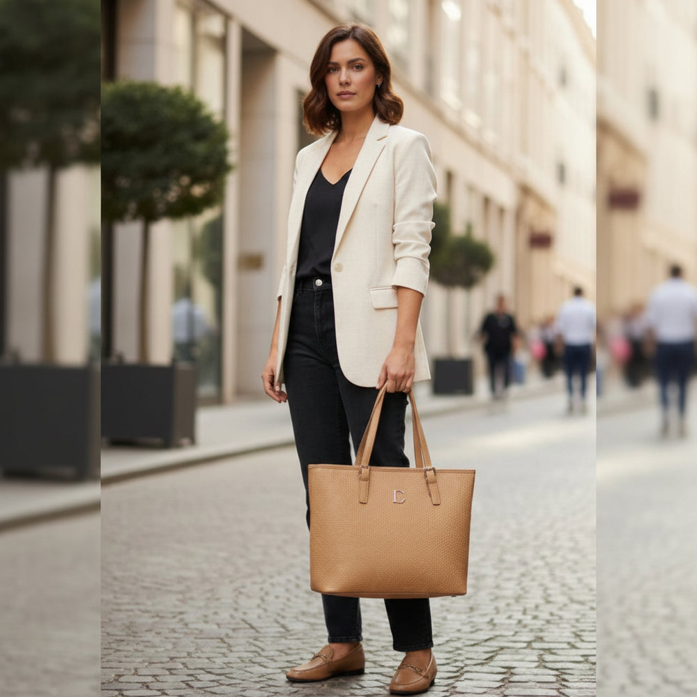 Woman in a white blazer and black pants holding a beige tote bag on a city street. At Aezoon