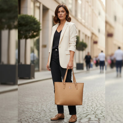 Woman in a white blazer and black pants holding a beige tote bag on a city street. At Aezoon
