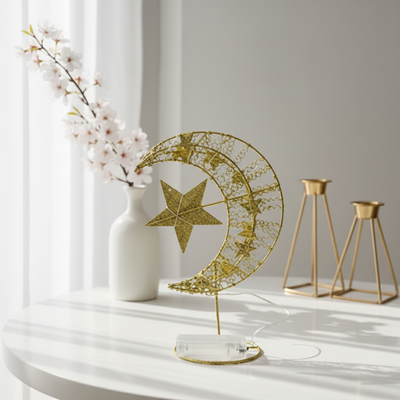 Gold Crescent Moon & Star LED Table Décor Light