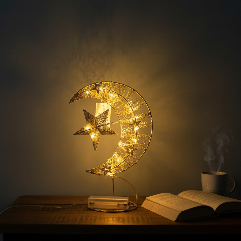 Gold Crescent Moon & Star LED Table Décor Light