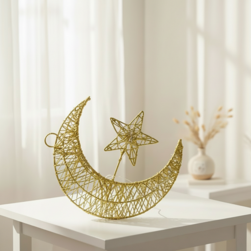 Gold Crescent Moon & Star Decorative Light Ornament