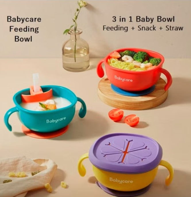 3-in-1 Baby Feeding Snack Soup Bowl with Straw Infant Learning Dish