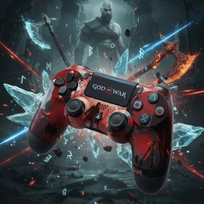 Gaming controller with 'God of War' branding on a dark background