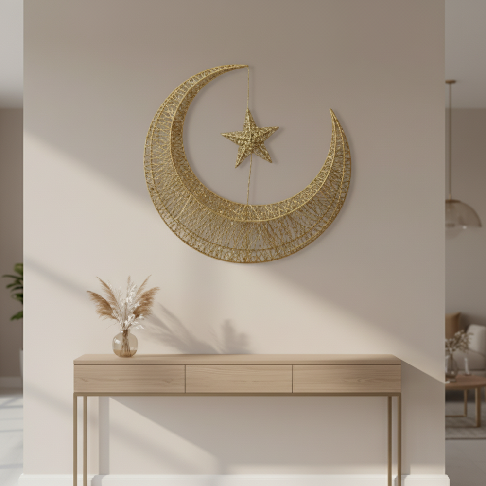 Gold Crescent Moon & Star Decorative Hanging Ornament