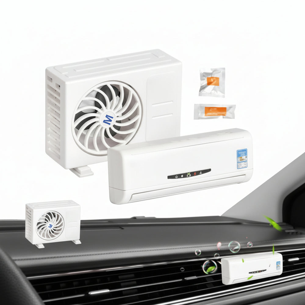Set of air conditioning units and fans on a white background at Aezoon