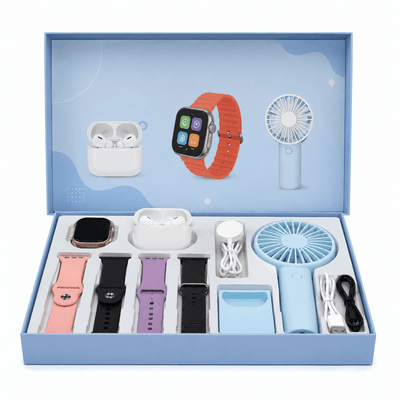Set of electronic accessories including a smartwatch, earbuds, and fans in a blue box.