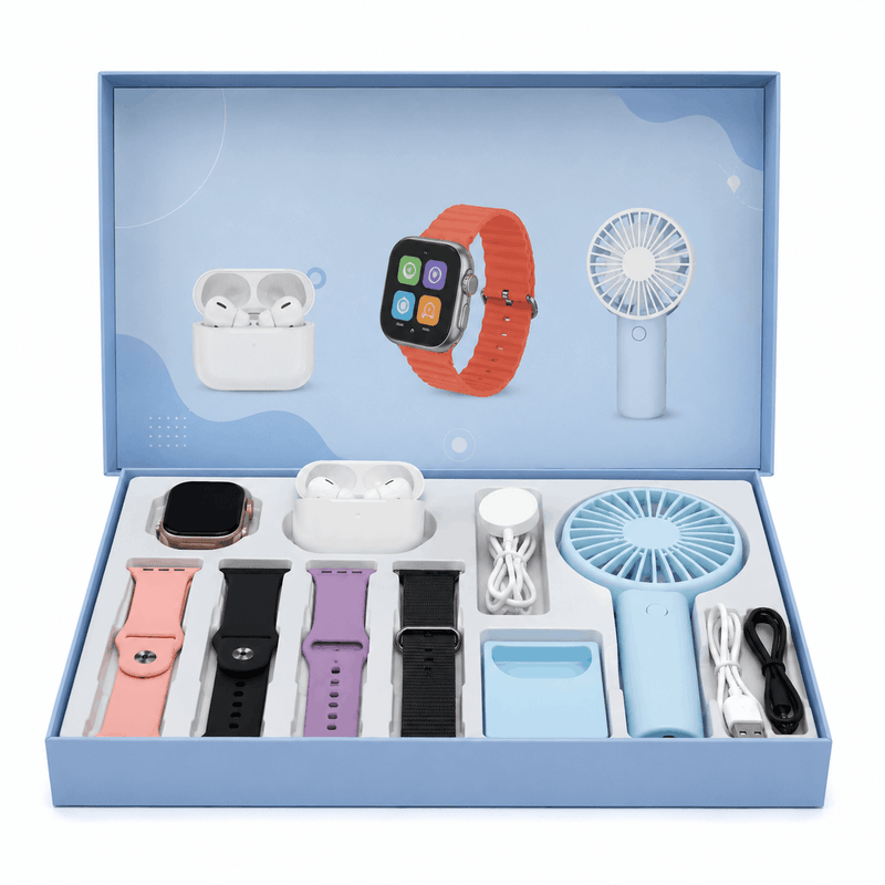 Set of electronic accessories including a smartwatch, earbuds, and fans in a blue box.