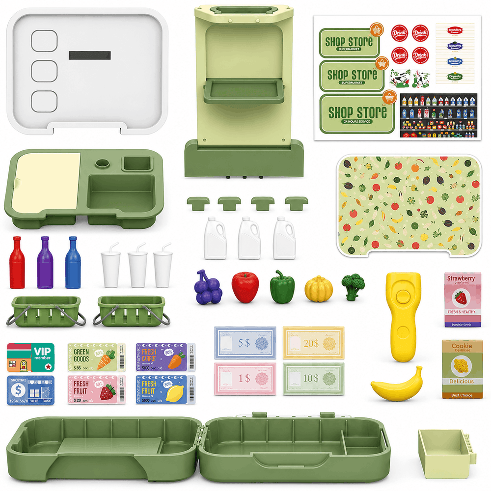 Set of toy store and market items including shelves, products, and accessories on a white background.