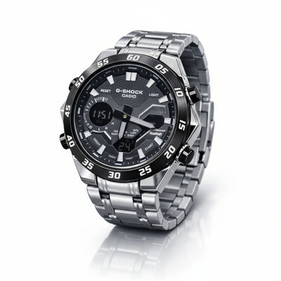 Silver Casio G-Shock watch on a white background At Aezoon