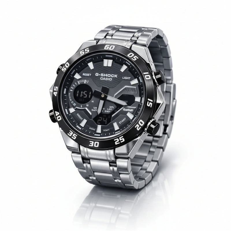 Silver Casio G-Shock watch on a white background At Aezoon