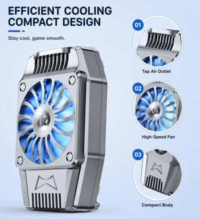 Silver mobile game cooling fan with blue LED fan and clip-on design