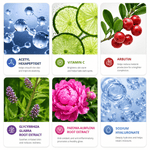 Skincare ingredients infographic featuring Vitamin C, Arbutin, and Sodium Hyaluronate with their benefits