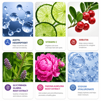 Skincare ingredients infographic featuring Vitamin C, Arbutin, and Sodium Hyaluronate with their benefits