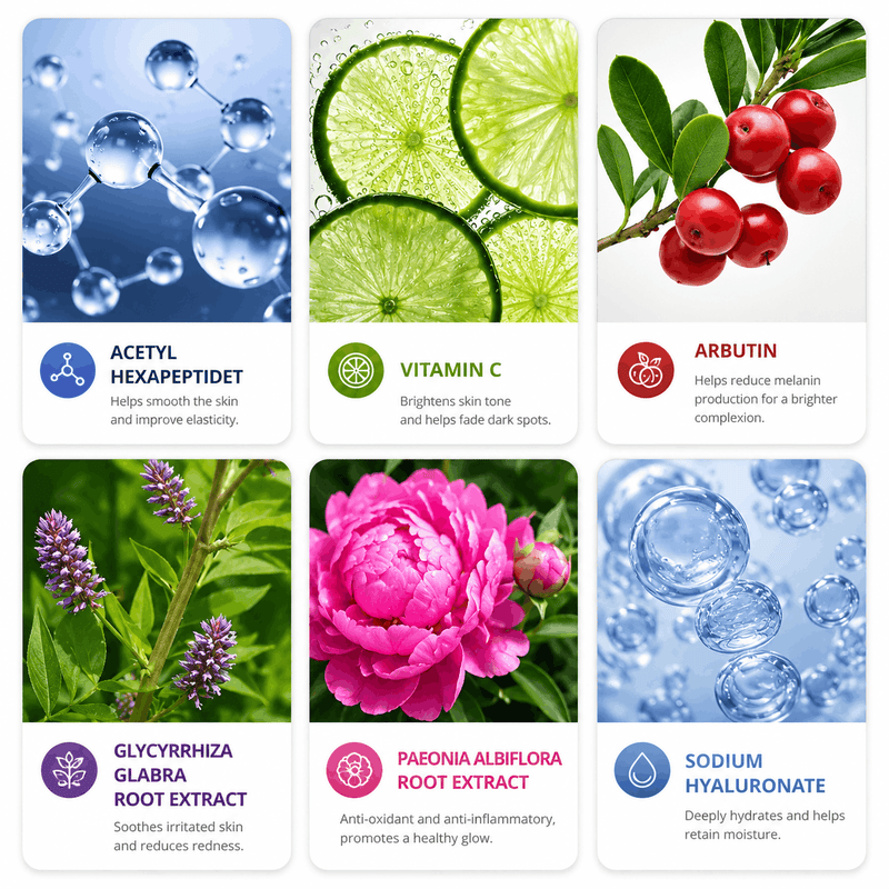 Skincare ingredients infographic featuring Vitamin C, Arbutin, and Sodium Hyaluronate with their benefits