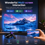 Smart TV displaying a mountain landscape with a hand holding a phone showing the same scene, with text about multi-screen interaction.