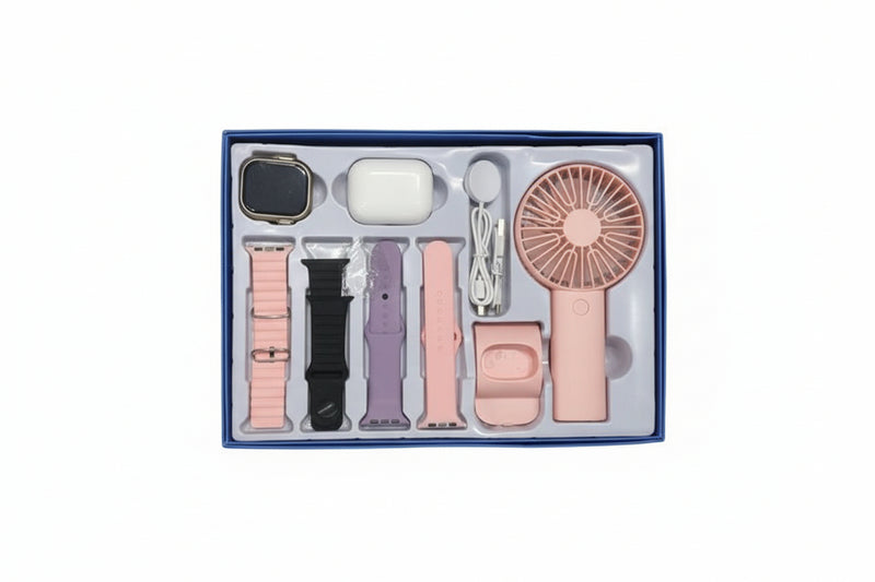 Set of electronic devices including a smartwatch, earbuds, and a fan in a display case.