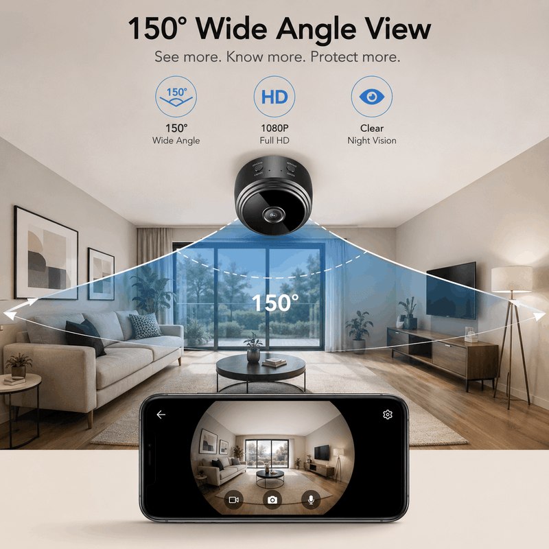 Smart home security camera with wide-angle view and smartphone app interface in a living room setting.