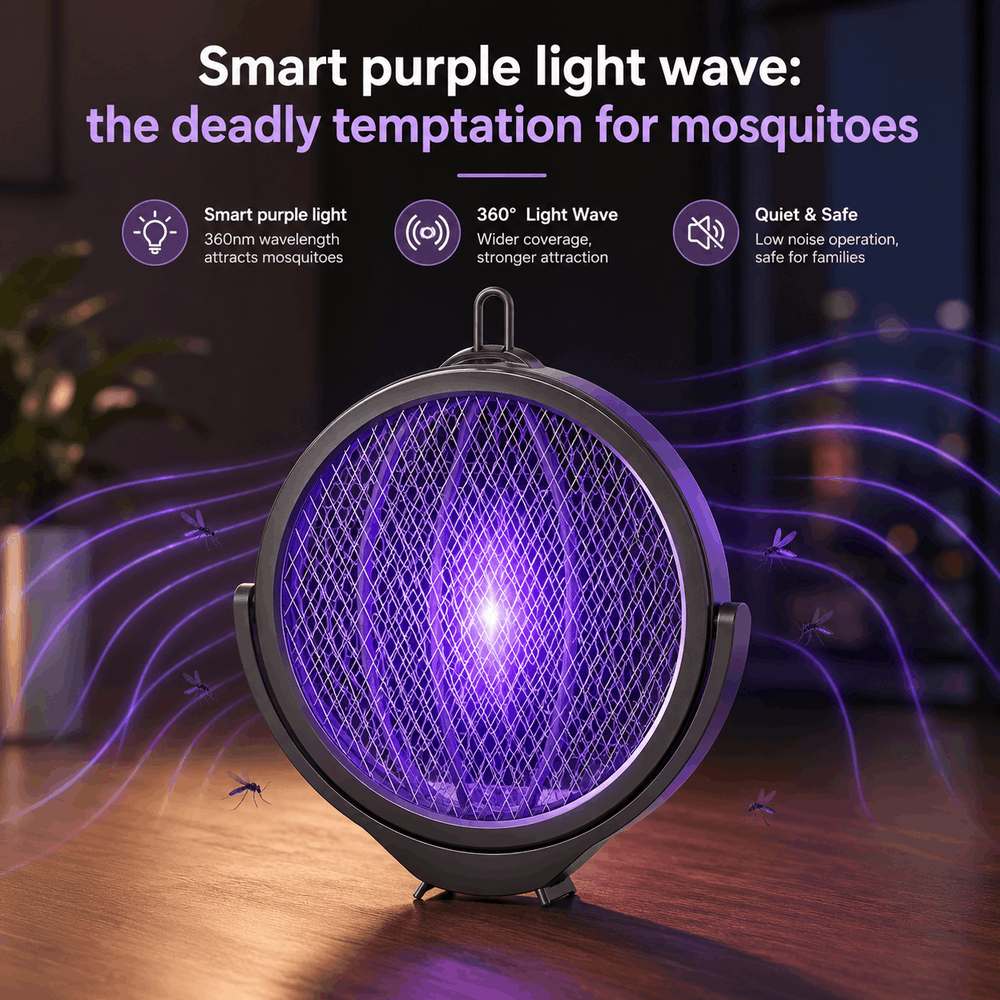 Smart purple light wave device attracting mosquitoes with text on its benefits.