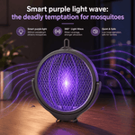 Smart purple light wave device attracting mosquitoes with text on its benefits.