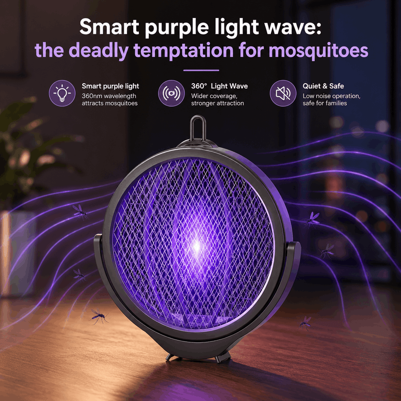 Smart purple light wave device attracting mosquitoes with text on its benefits.