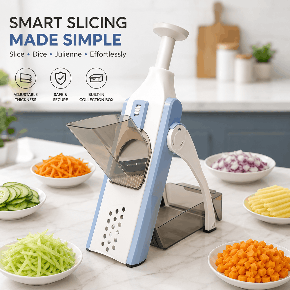 Smart slicing tool with adjustable thickness on a kitchen counter with sliced vegetables.