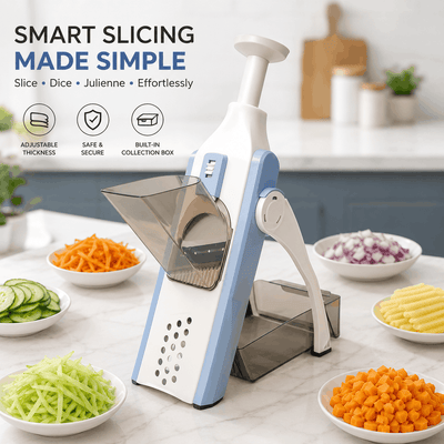 Smart slicing tool with adjustable thickness on a kitchen counter with sliced vegetables.