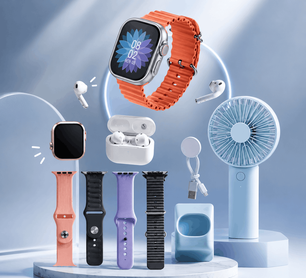 Smartwatch with orange band, airpods, and small fan on a light blue background