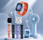 Smartwatch with orange band, airpods, and small fan on a light blue background