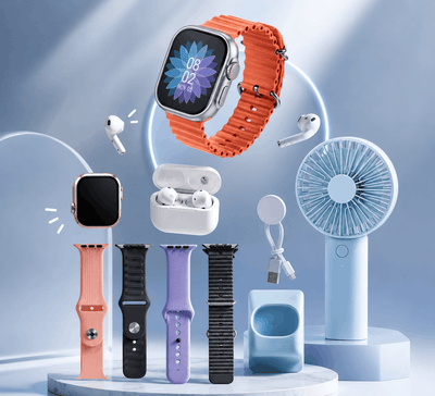 Smartwatch with orange band, airpods, and small fan on a light blue background