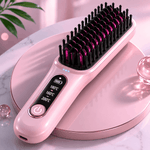 SmoothGlow hair straightening brush showing the heated comb teeth, built-in display, and digital control interface