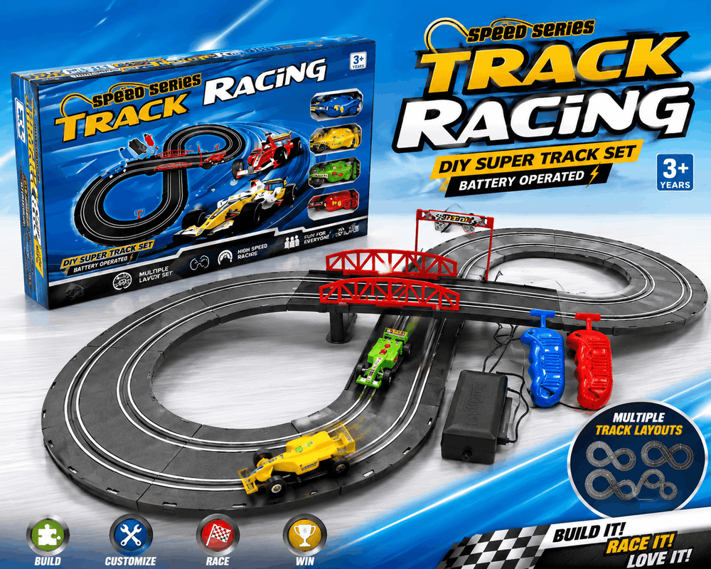Speed Series Track Racing DIY super track set with toy cars, controllers, and figure-eight track layout
