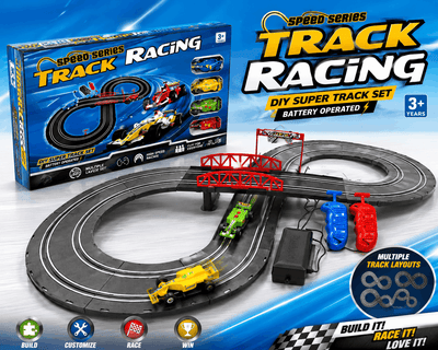 Speed Series Track Racing DIY super track set with toy cars, controllers, and figure-eight track layout
