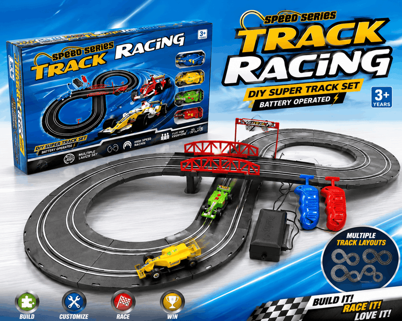 Speed Series Track Racing DIY super track set with toy cars, controllers, and figure-eight track layout