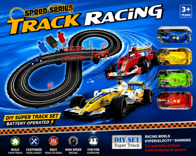 Speed Series Track Racing set with cars and track on a blue background