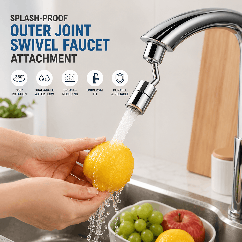 Splash-proof outer joint swivel faucet attachment with a chrome-style finish and 360-degree rotating head