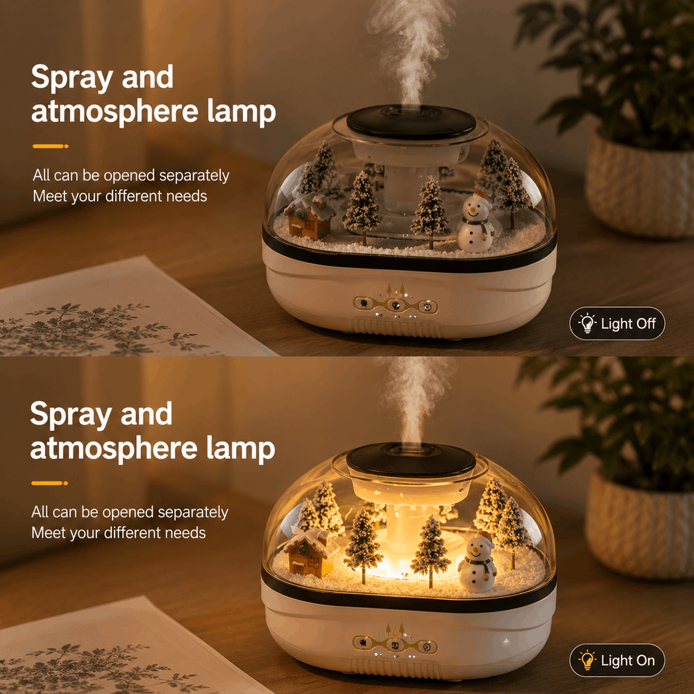 Spray and atmosphere lamp with snow globe design on a wooden surface.