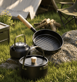 Stainless steel outdoor cooking set with soup pot, frying pan, water kettle, and detachable handle for camping
