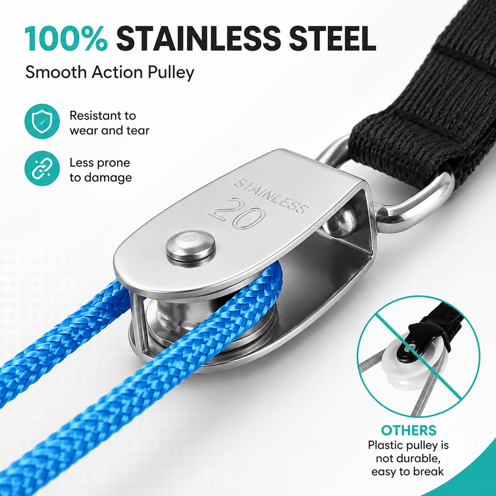 Stainless steel pulley system with blue rope on a white background