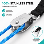 Stainless steel pulley system with blue rope on a white background